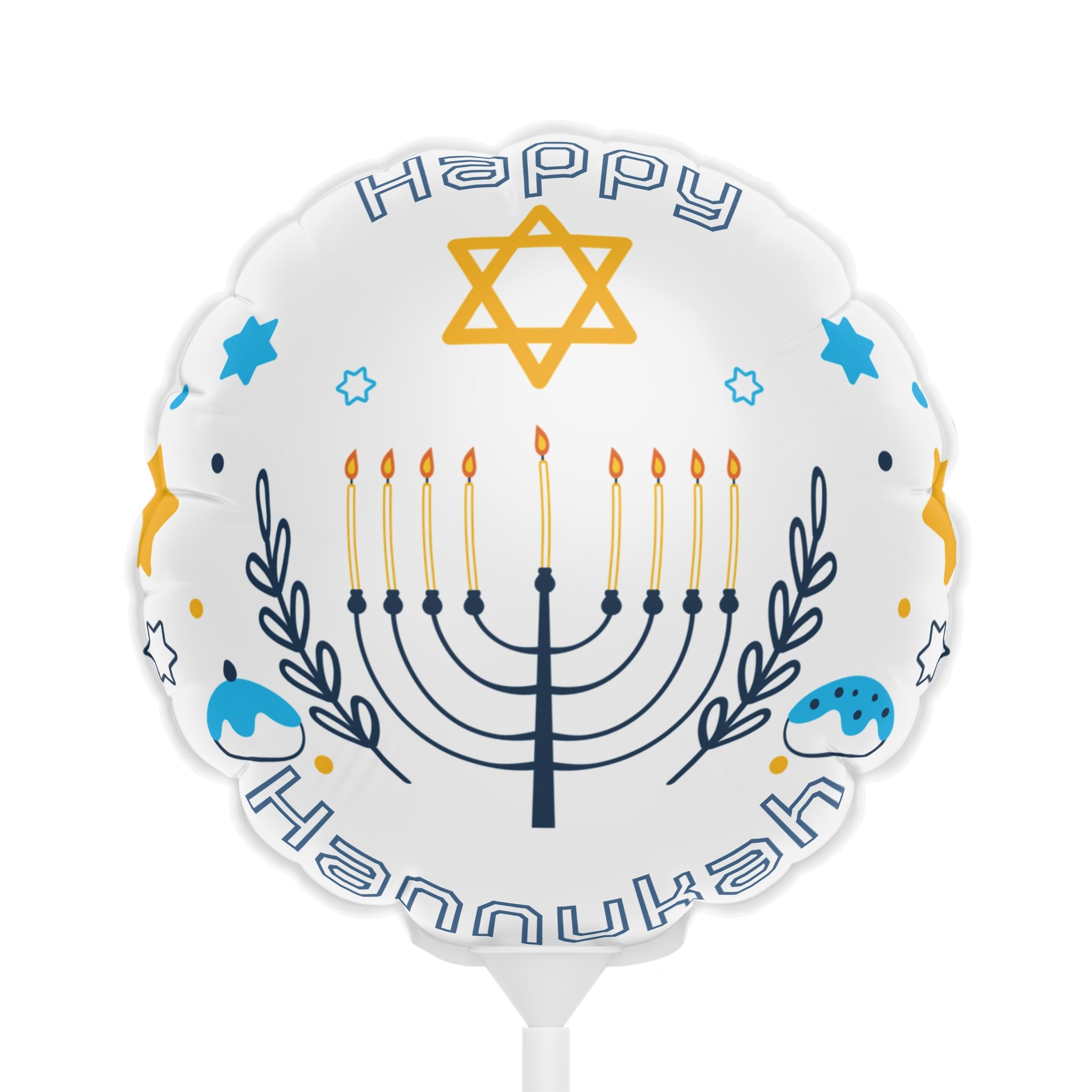 Hannukah-themed balloon with Menorah, Star of David, and stars on a white background