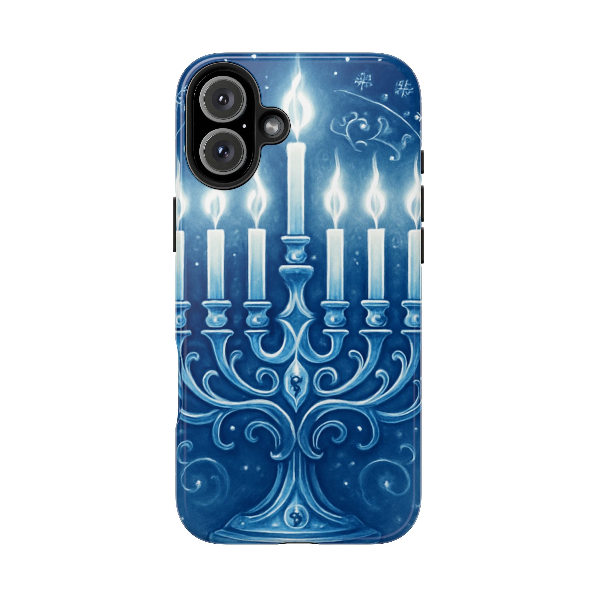 Blue Hanukkah Menorah Tough Phone Case — Holiday Candlelight Protective Cover
