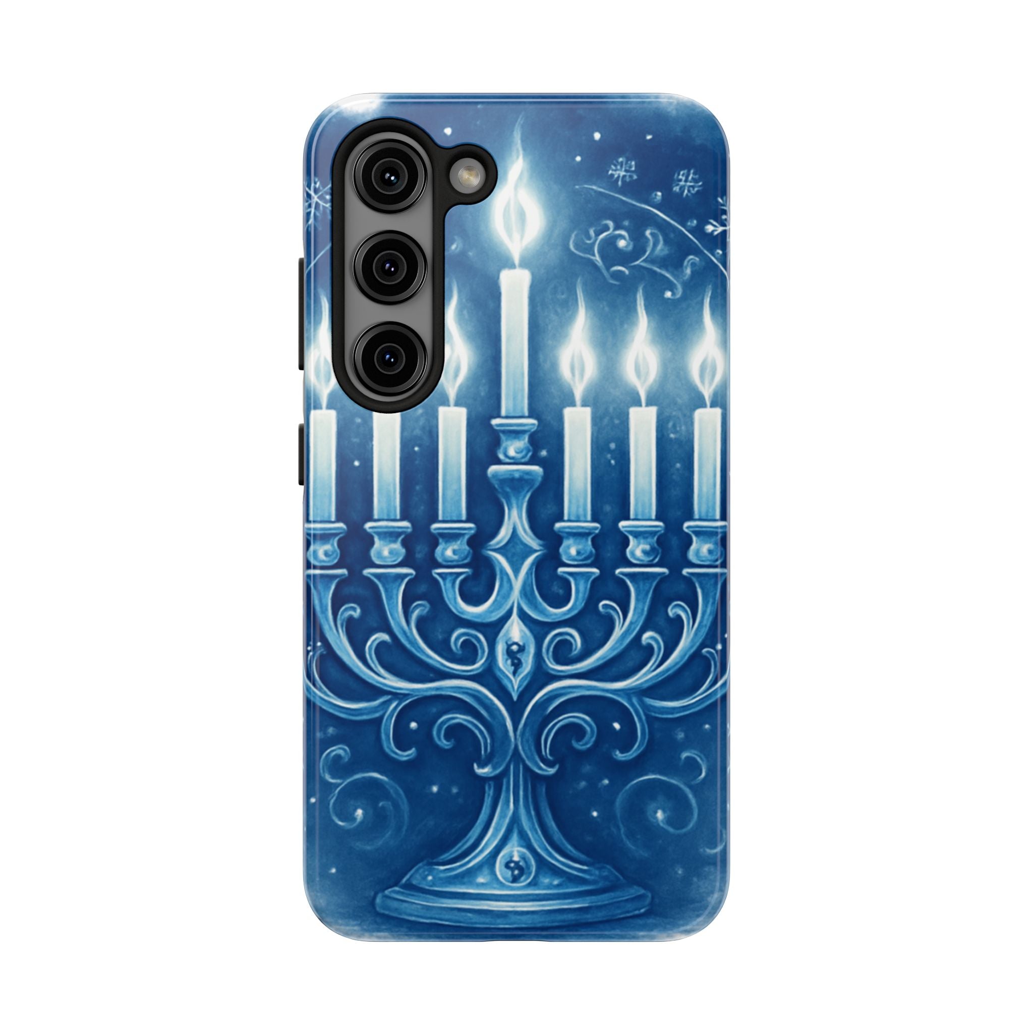 Blue Hanukkah Menorah Tough Phone Case — Holiday Candlelight Protective Cover