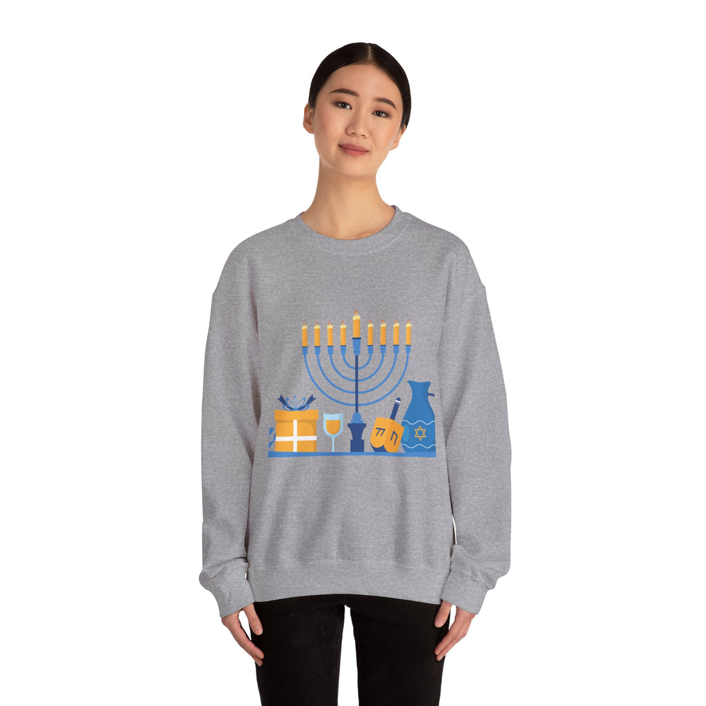 Hanukkah Crewneck Sweatshirt — Menorah, Dreidel & ‘Happy Hanukkah’ Holiday Sweater