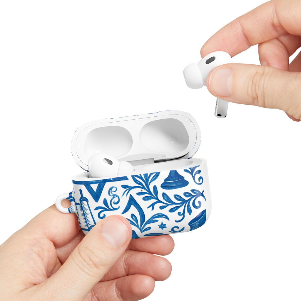 Hanukkah AirPod Case — Blue Menorah, Star of David & Dreidel Design