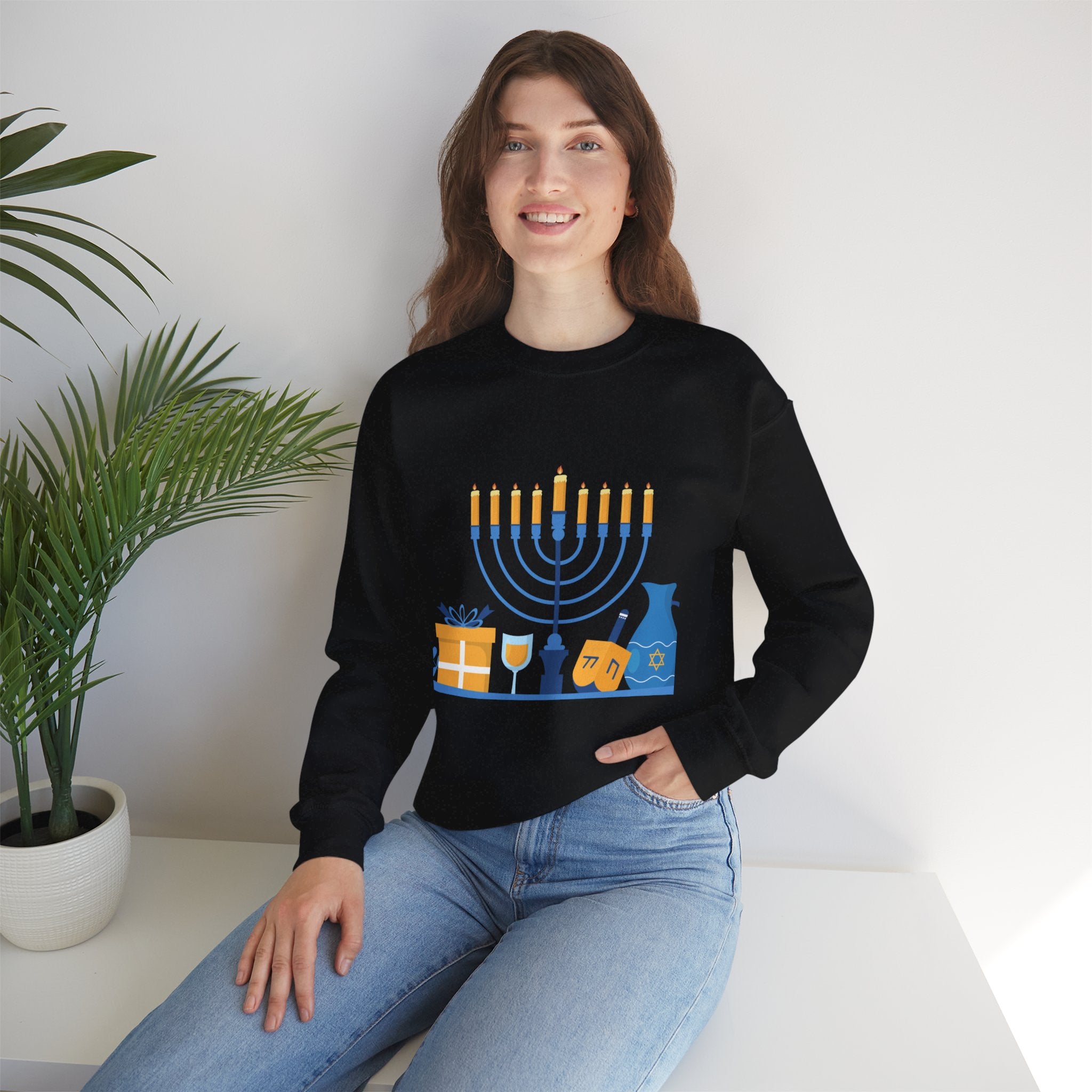 Hanukkah Crewneck Sweatshirt — Menorah, Dreidel & ‘Happy Hanukkah’ Holiday Sweater