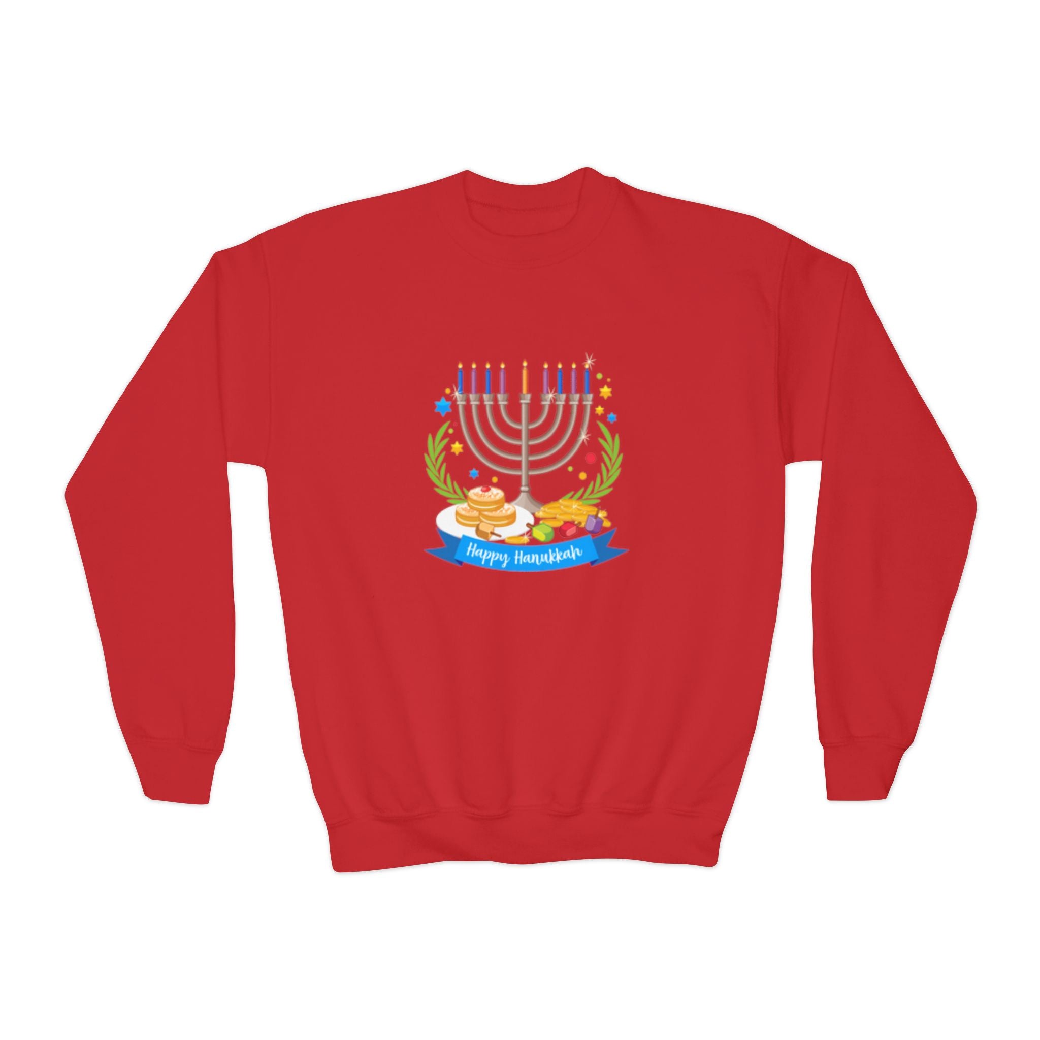 Happy Chanukah Youth Crewneck Sweatshirt — Menorah & Dreidel Holiday Sweater