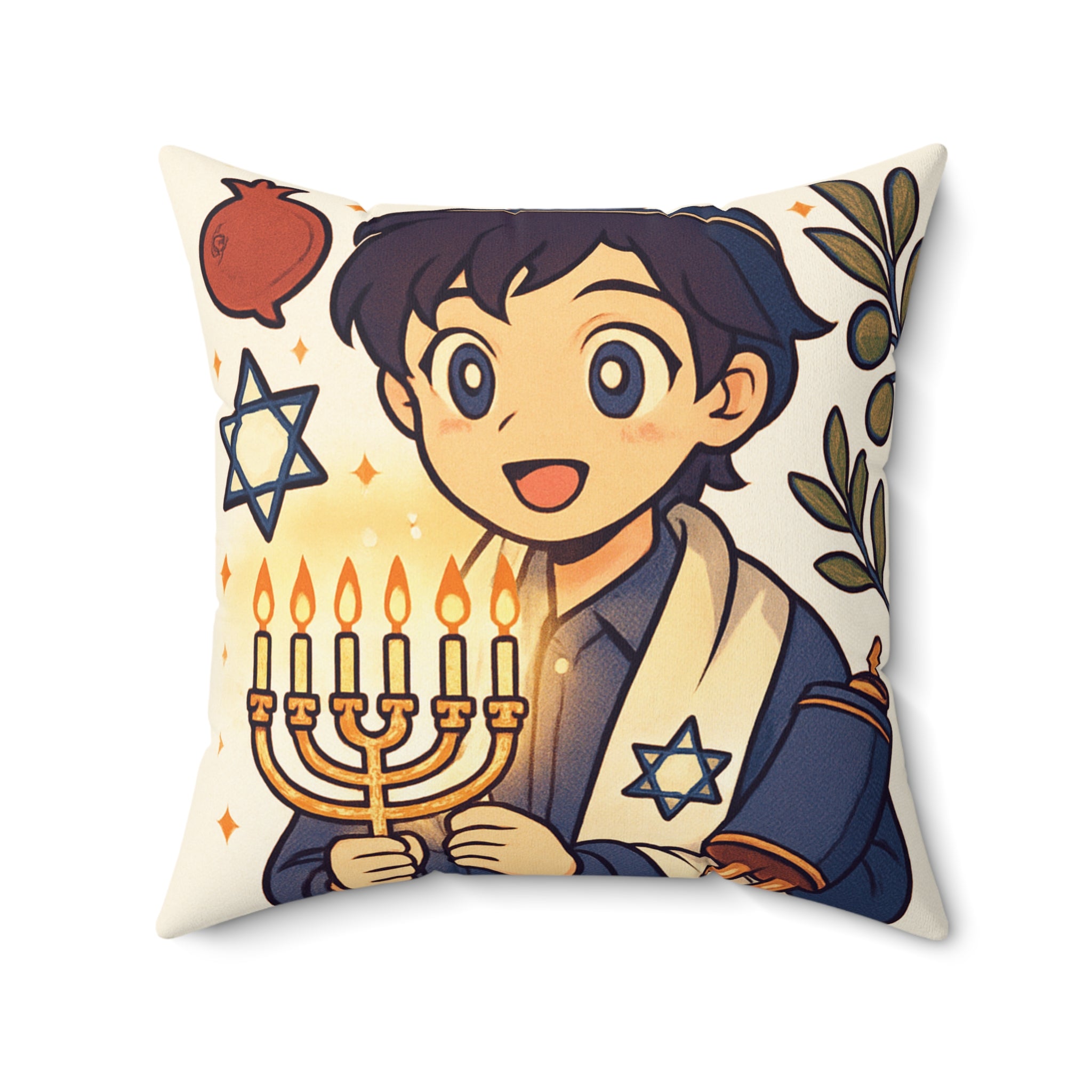 Hanukkah Boy Decorative Pillow — Menorah & Torah Festive Holiday Throw Pillow