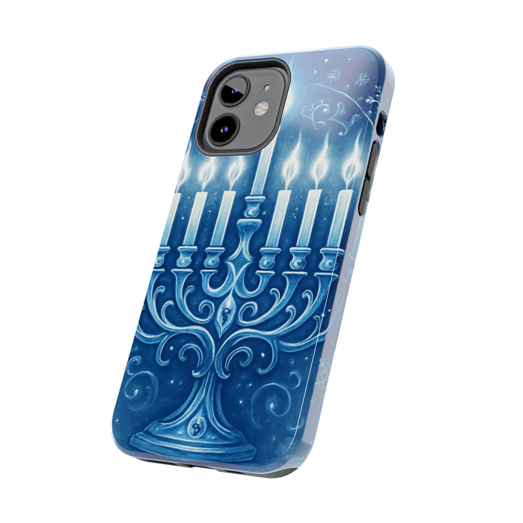 Blue Hanukkah Menorah Tough Phone Case — Holiday Candlelight Protective Cover