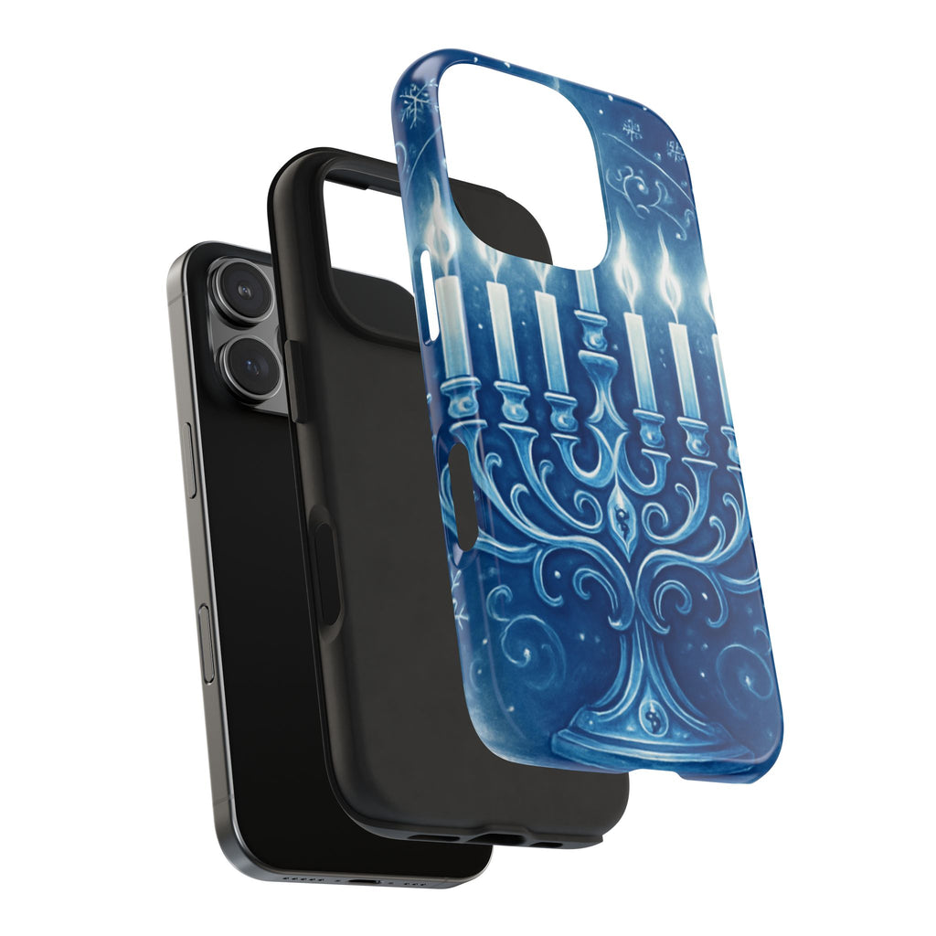 Blue Hanukkah Menorah Tough Phone Case — Holiday Candlelight Protective Cover