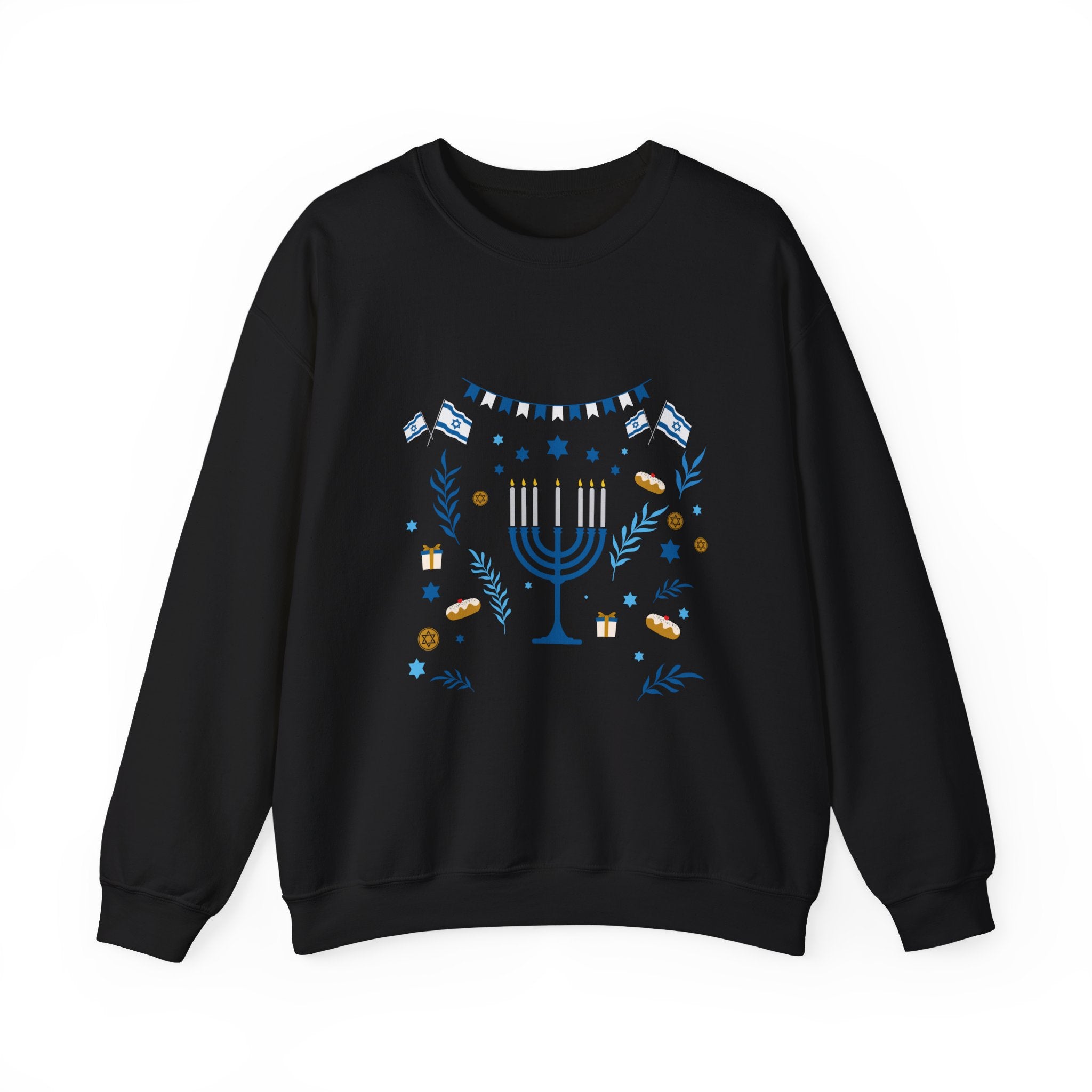 Hanukkah Crewneck Sweatshirt — Menorah & "Happy Hanukkah" Holiday Sweater