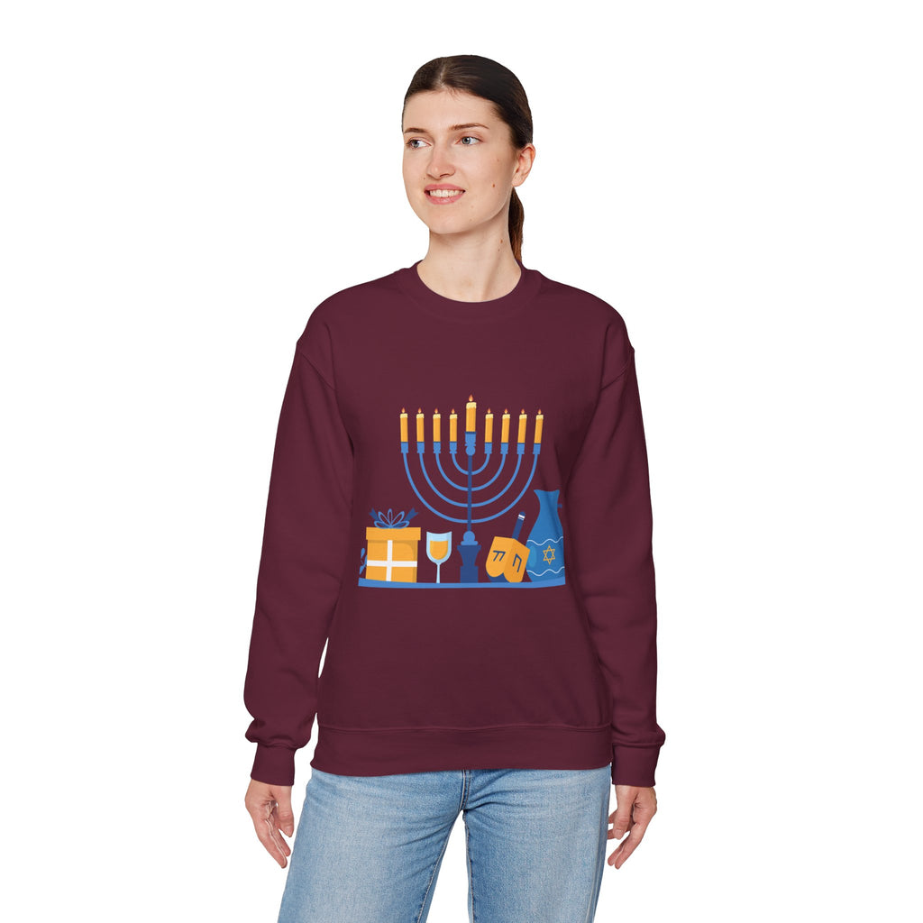 Hanukkah Crewneck Sweatshirt — Menorah, Dreidel & ‘Happy Hanukkah’ Holiday Sweater