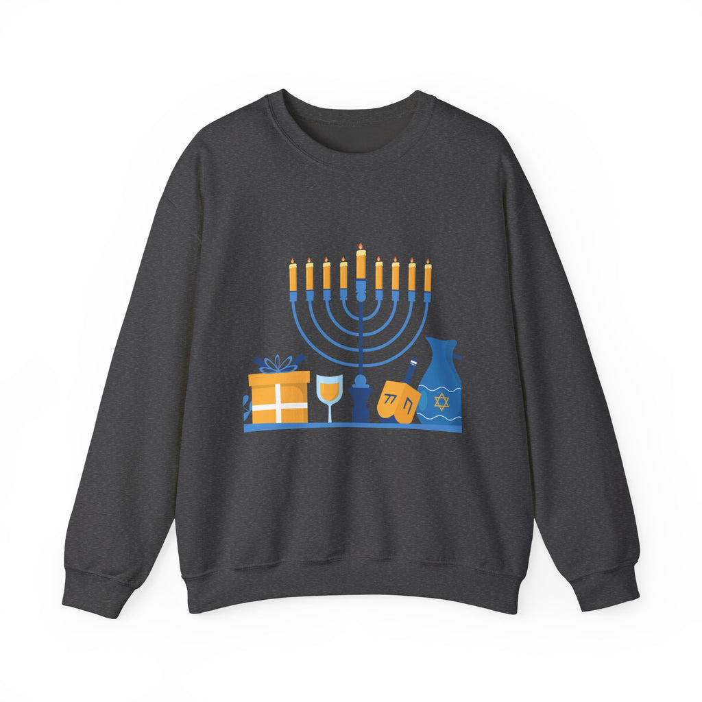 Hanukkah Crewneck Sweatshirt — Menorah, Dreidel & ‘Happy Hanukkah’ Holiday Sweater