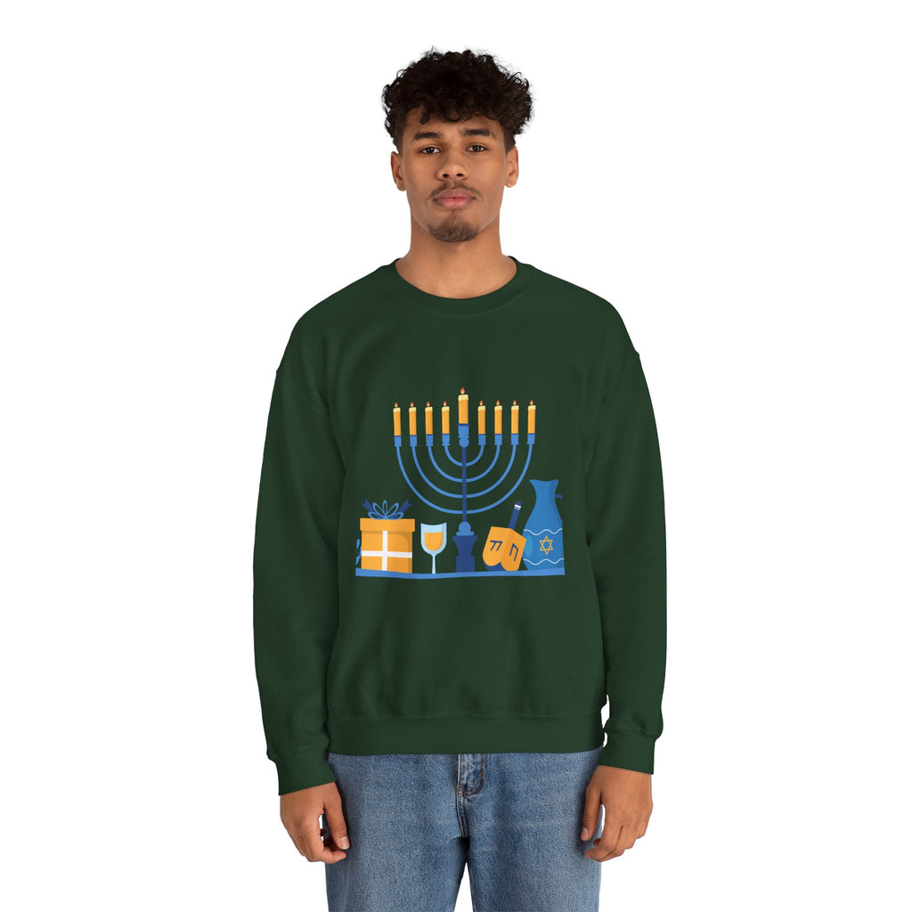Hanukkah Crewneck Sweatshirt — Menorah, Dreidel & ‘Happy Hanukkah’ Holiday Sweater