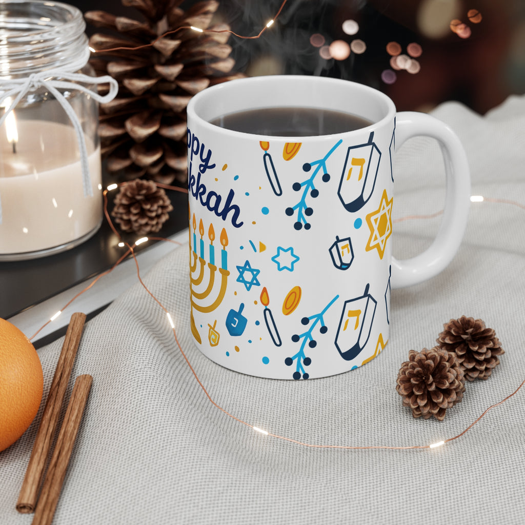 Happy Hanukkah Mug — 11oz Menorah & Dreidel Holiday Coffee Cup