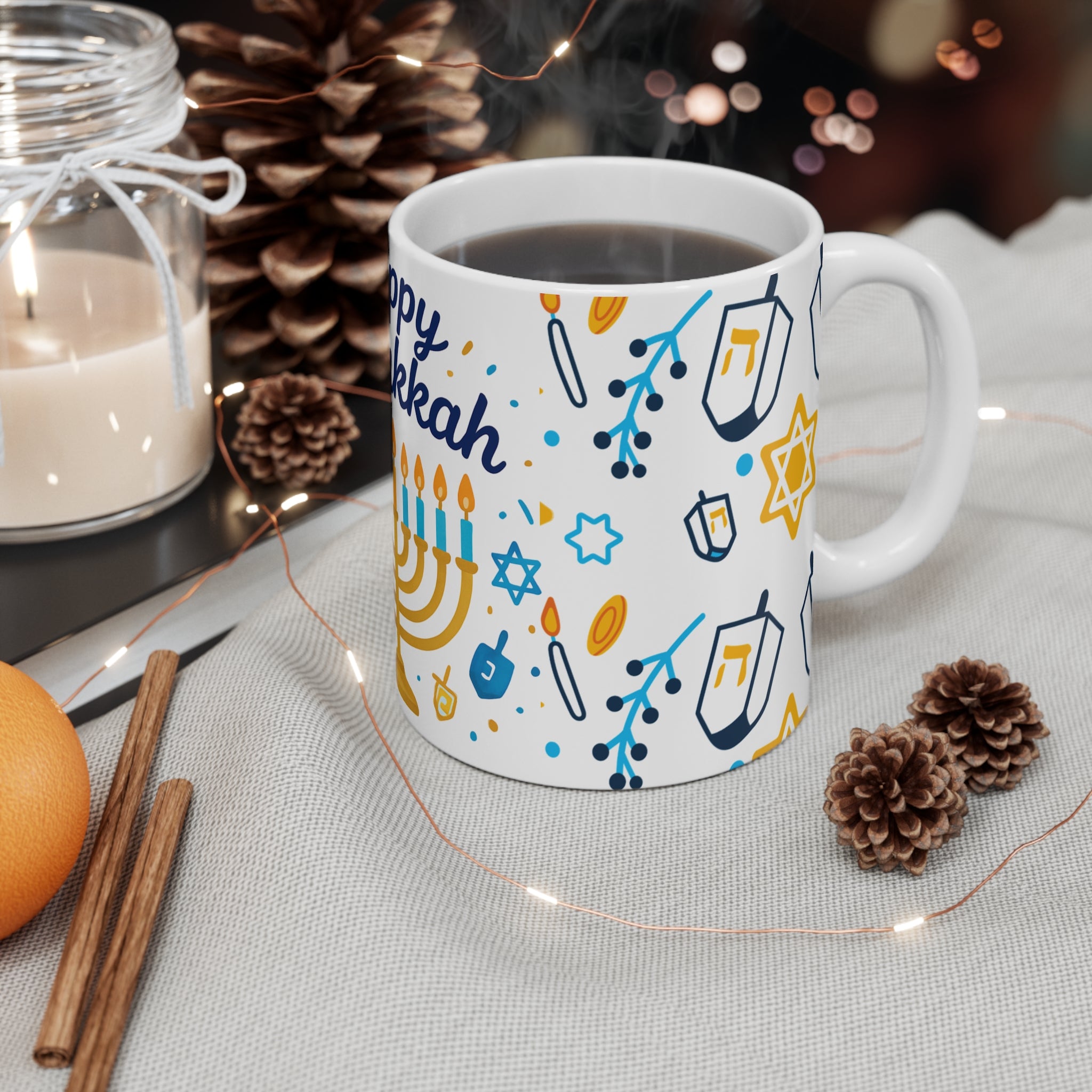 Happy Hanukkah Mug — 11oz Menorah & Dreidel Holiday Coffee Cup