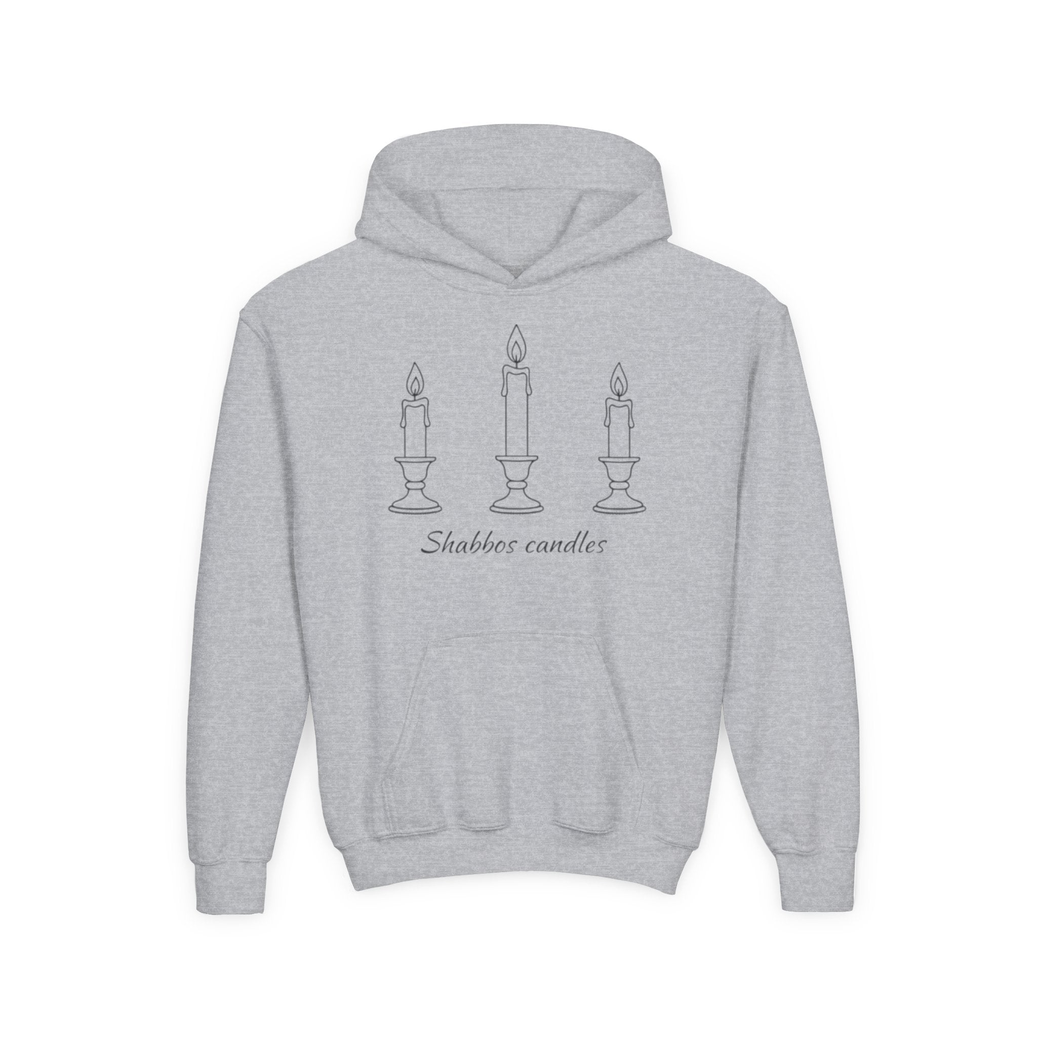 Gray hoodie with 'Shabbos candles' design on a white background