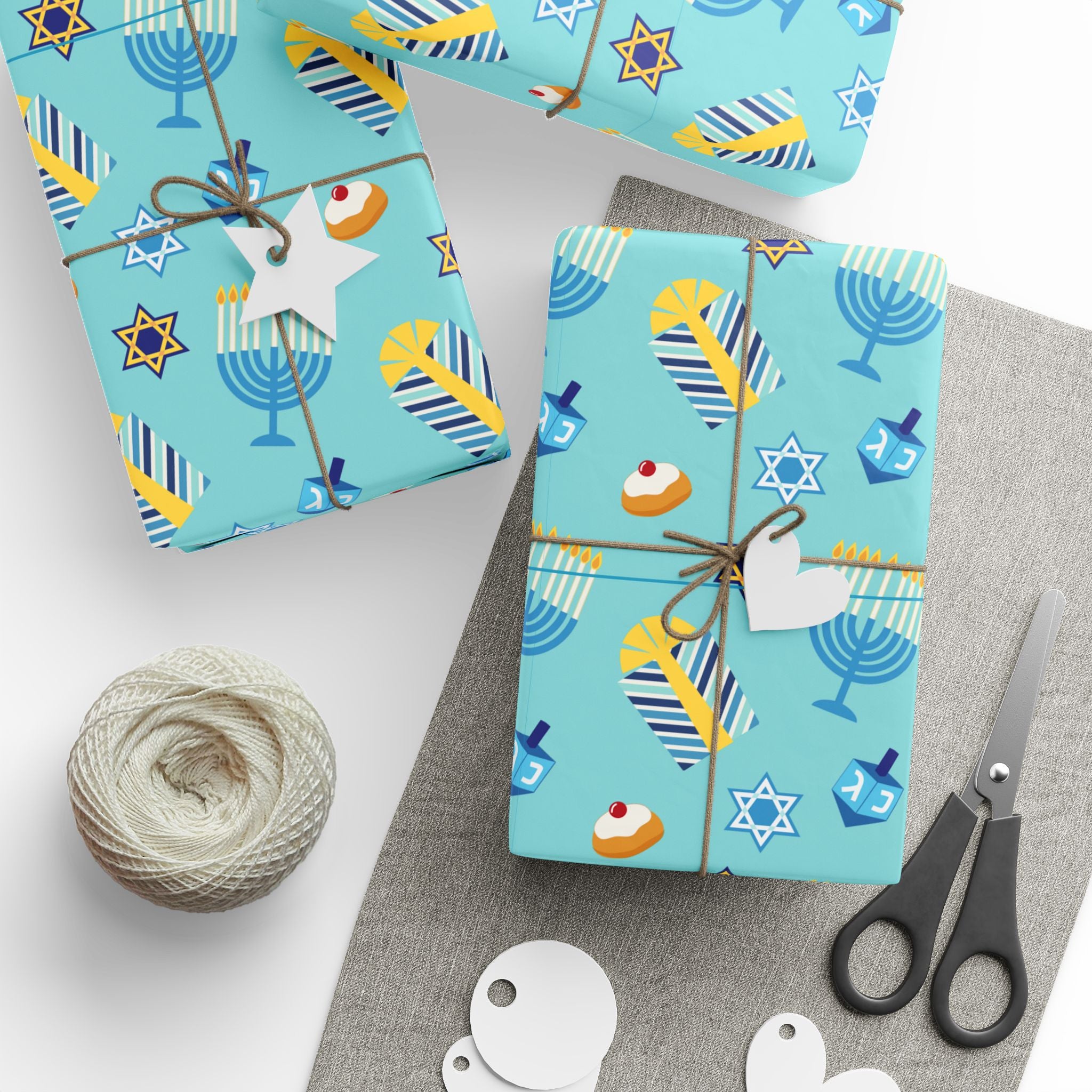 Hanukkah Wrapping Paper Roll – Blue Dreidels, Stars & Sufganiyot Gift Wrap