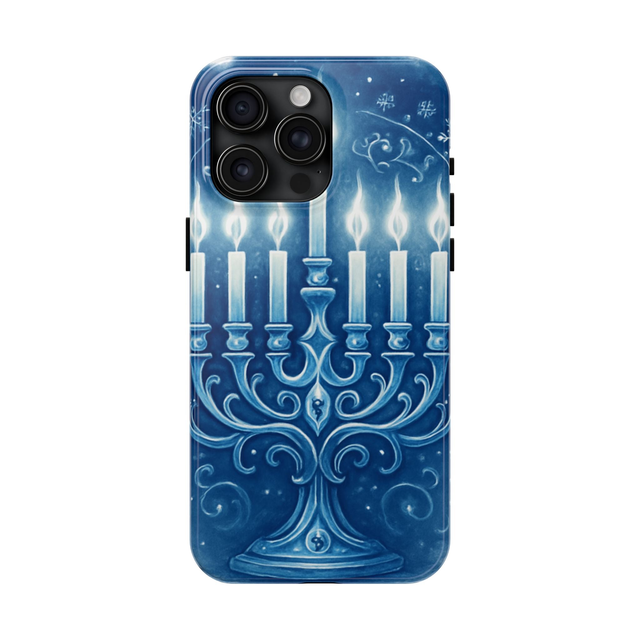 Blue Hanukkah Menorah Tough Phone Case — Holiday Candlelight Protective Cover