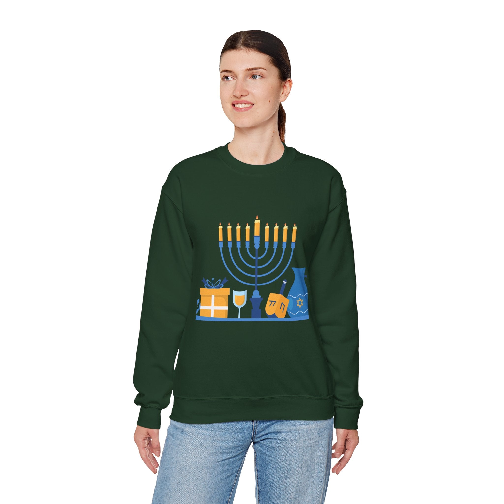 Hanukkah Crewneck Sweatshirt — Menorah, Dreidel & ‘Happy Hanukkah’ Holiday Sweater