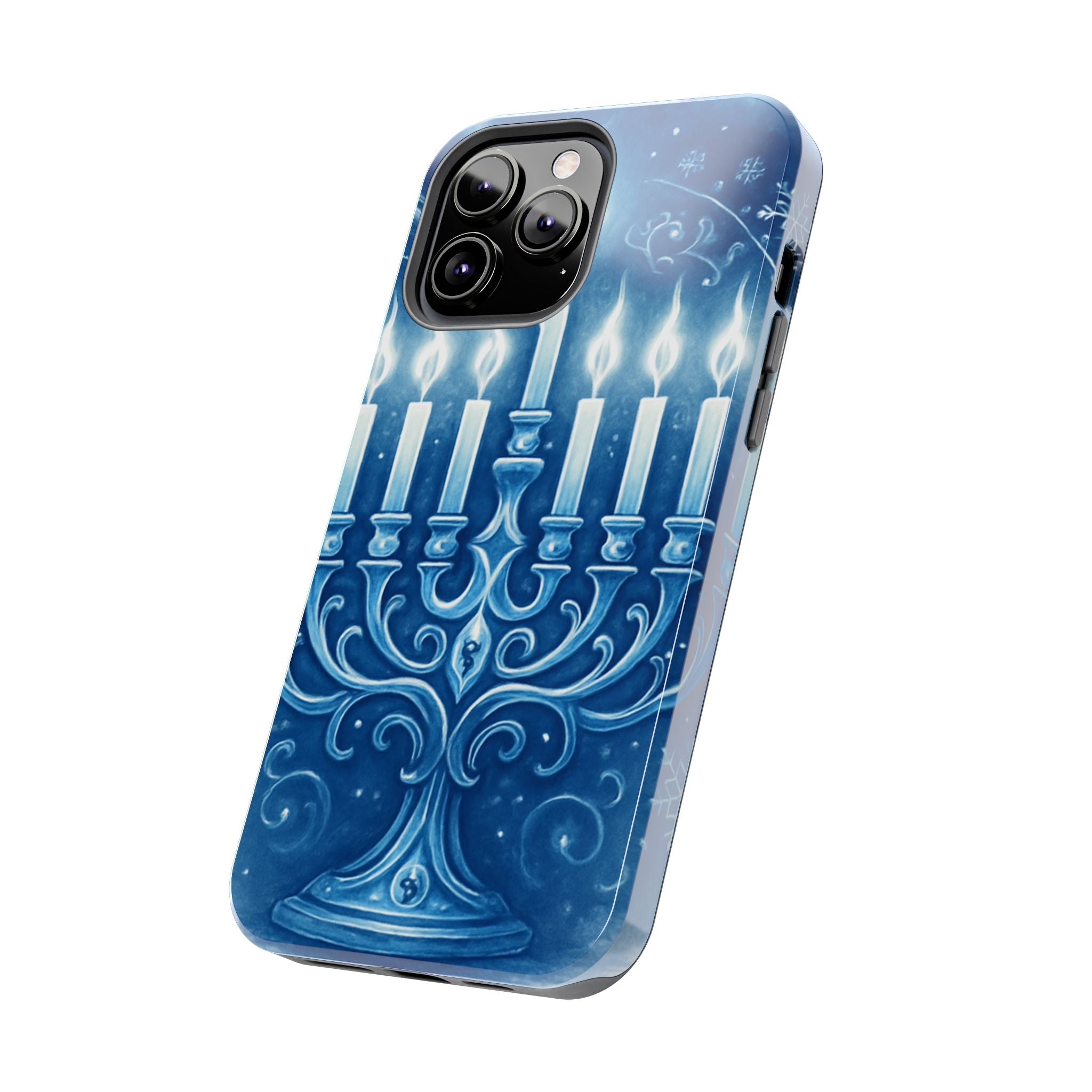 Blue Hanukkah Menorah Tough Phone Case — Holiday Candlelight Protective Cover