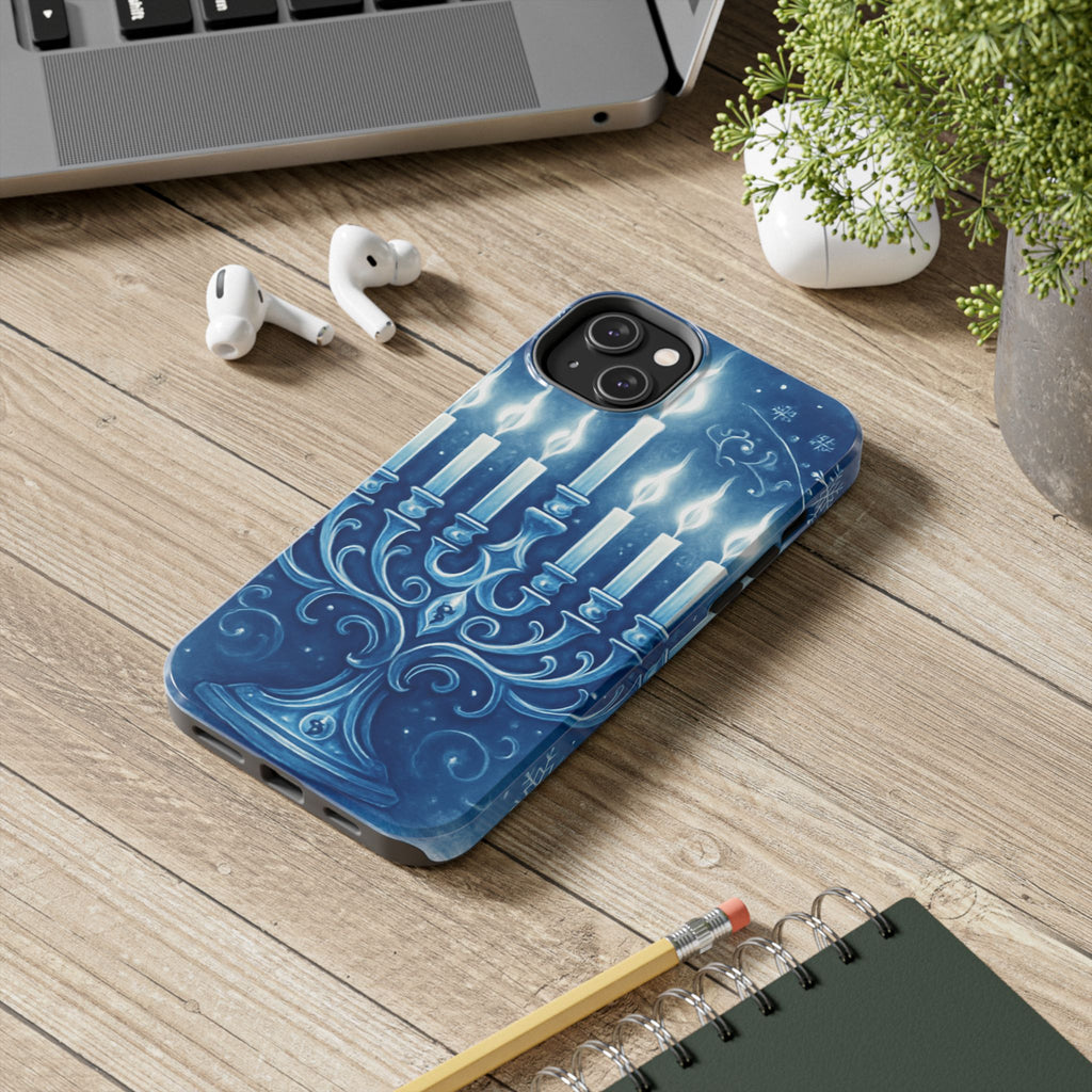 Blue Hanukkah Menorah Tough Phone Case — Holiday Candlelight Protective Cover