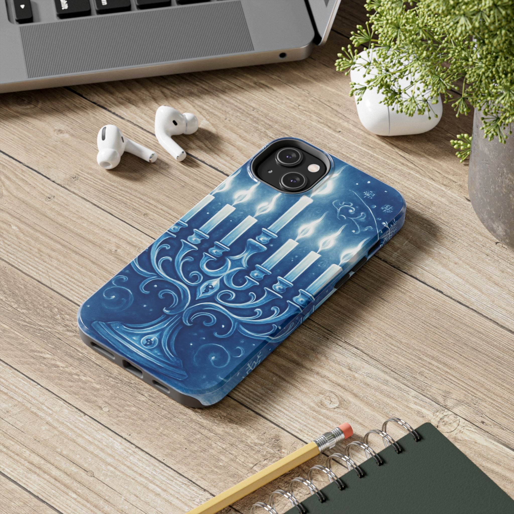 Blue Hanukkah Menorah Tough Phone Case — Holiday Candlelight Protective Cover