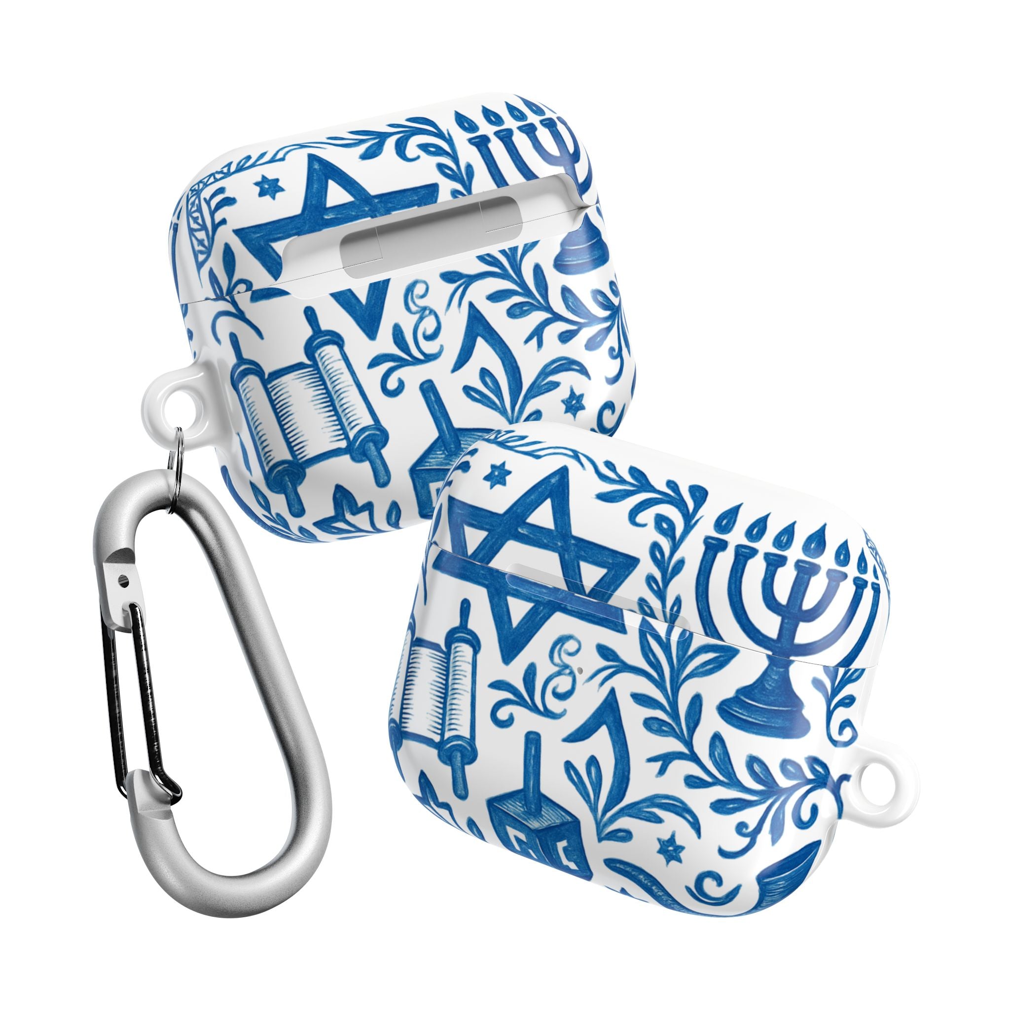 Hanukkah AirPod Case — Blue Menorah, Star of David & Dreidel Design