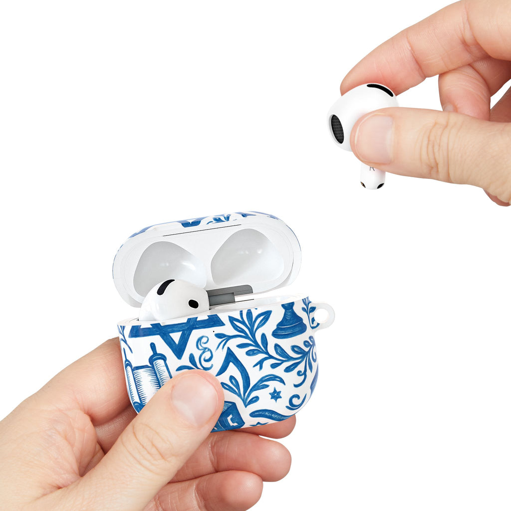 Hanukkah AirPod Case — Blue Menorah, Star of David & Dreidel Design