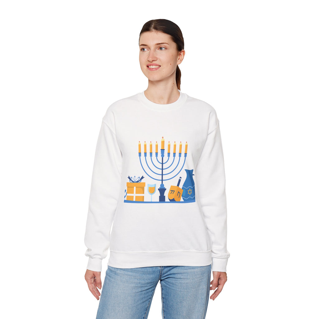 Hanukkah Crewneck Sweatshirt — Menorah, Dreidel & ‘Happy Hanukkah’ Holiday Sweater