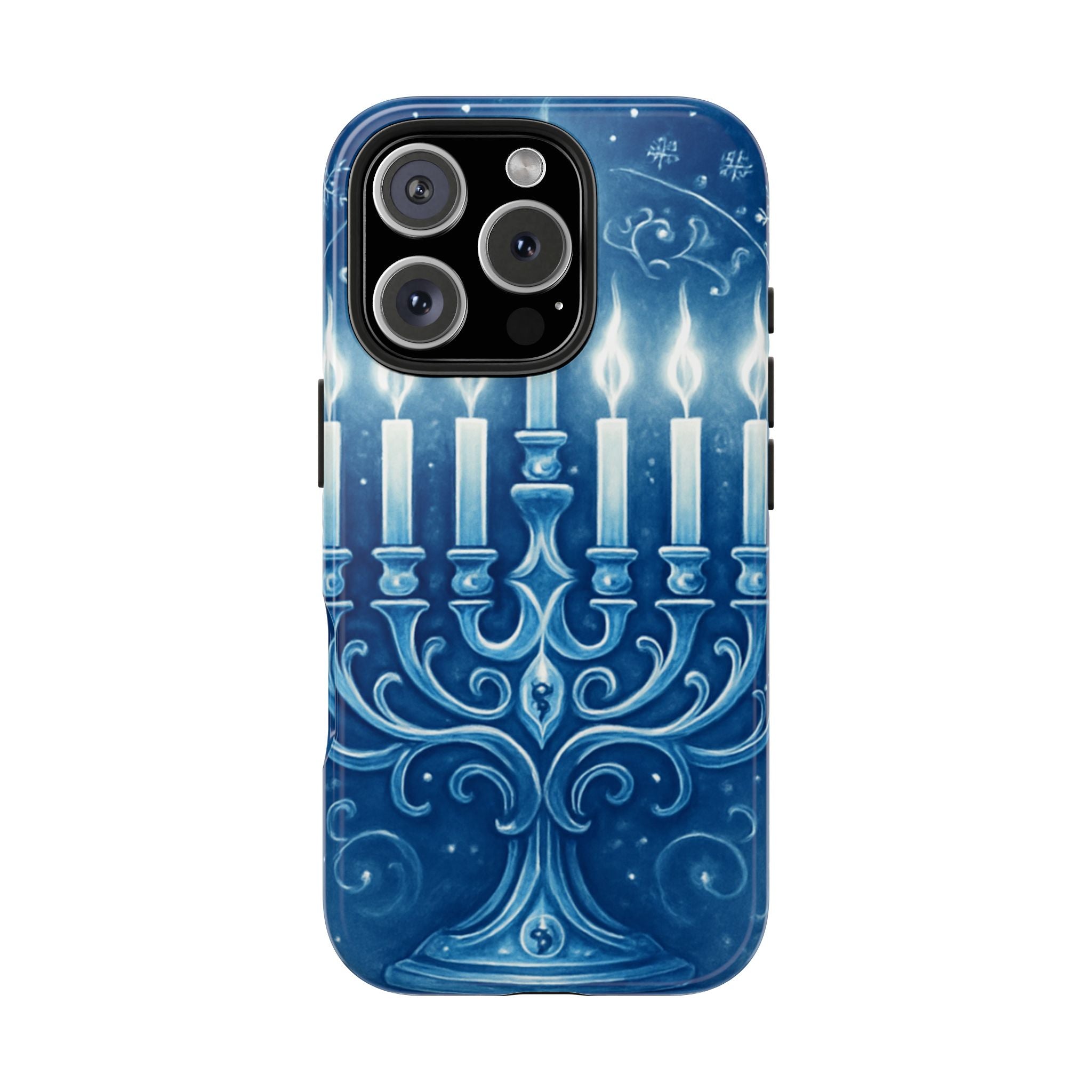 Blue Hanukkah Menorah Tough Phone Case — Holiday Candlelight Protective Cover