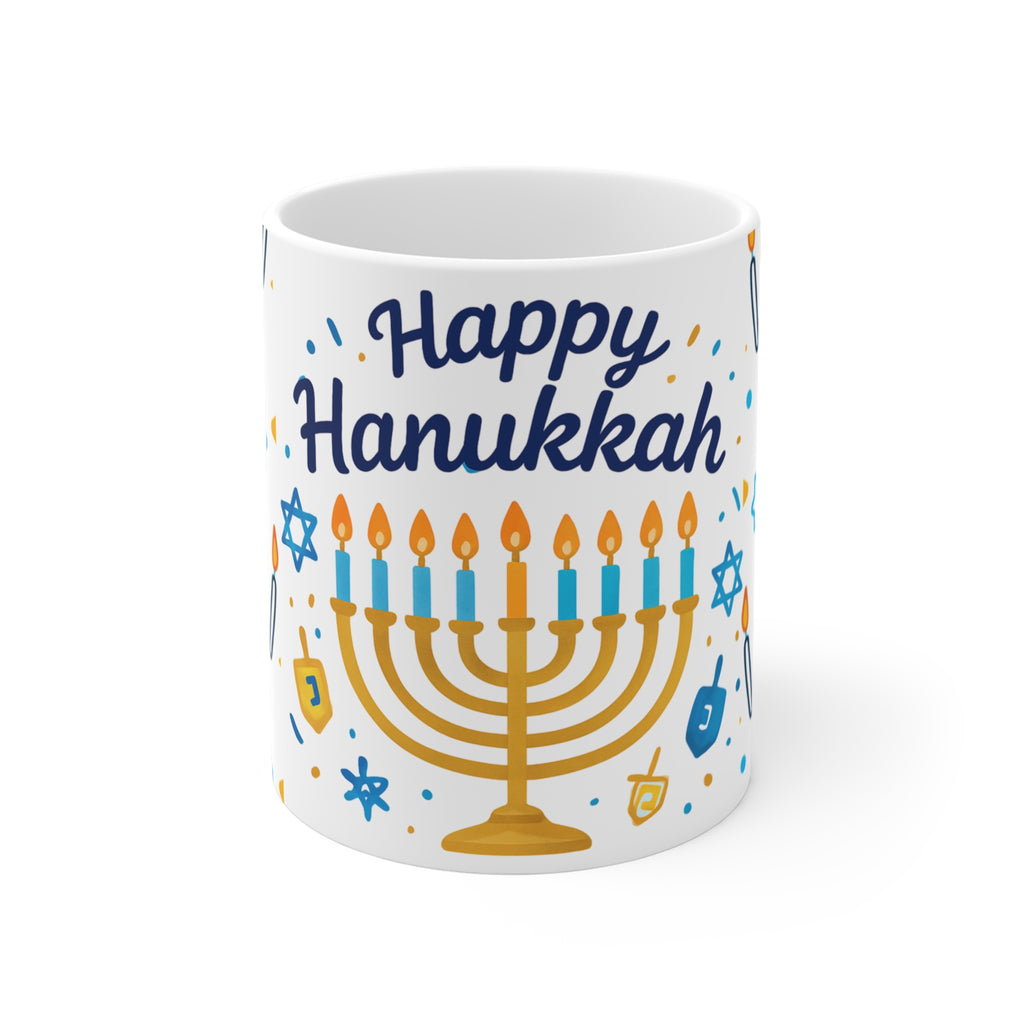 Happy Hanukkah Mug — 11oz Menorah & Dreidel Holiday Coffee Cup