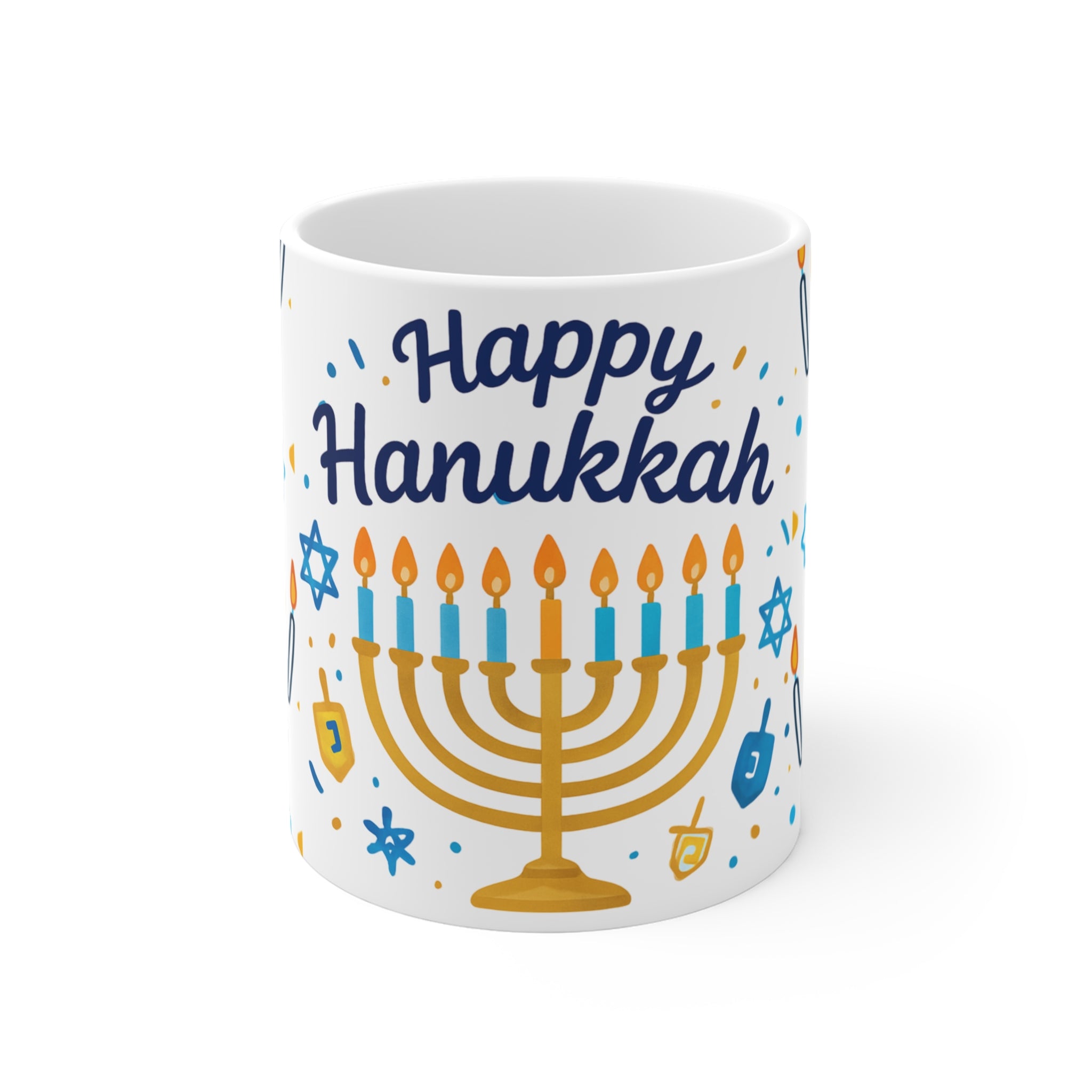 Happy Hanukkah Mug — 11oz Menorah & Dreidel Holiday Coffee Cup