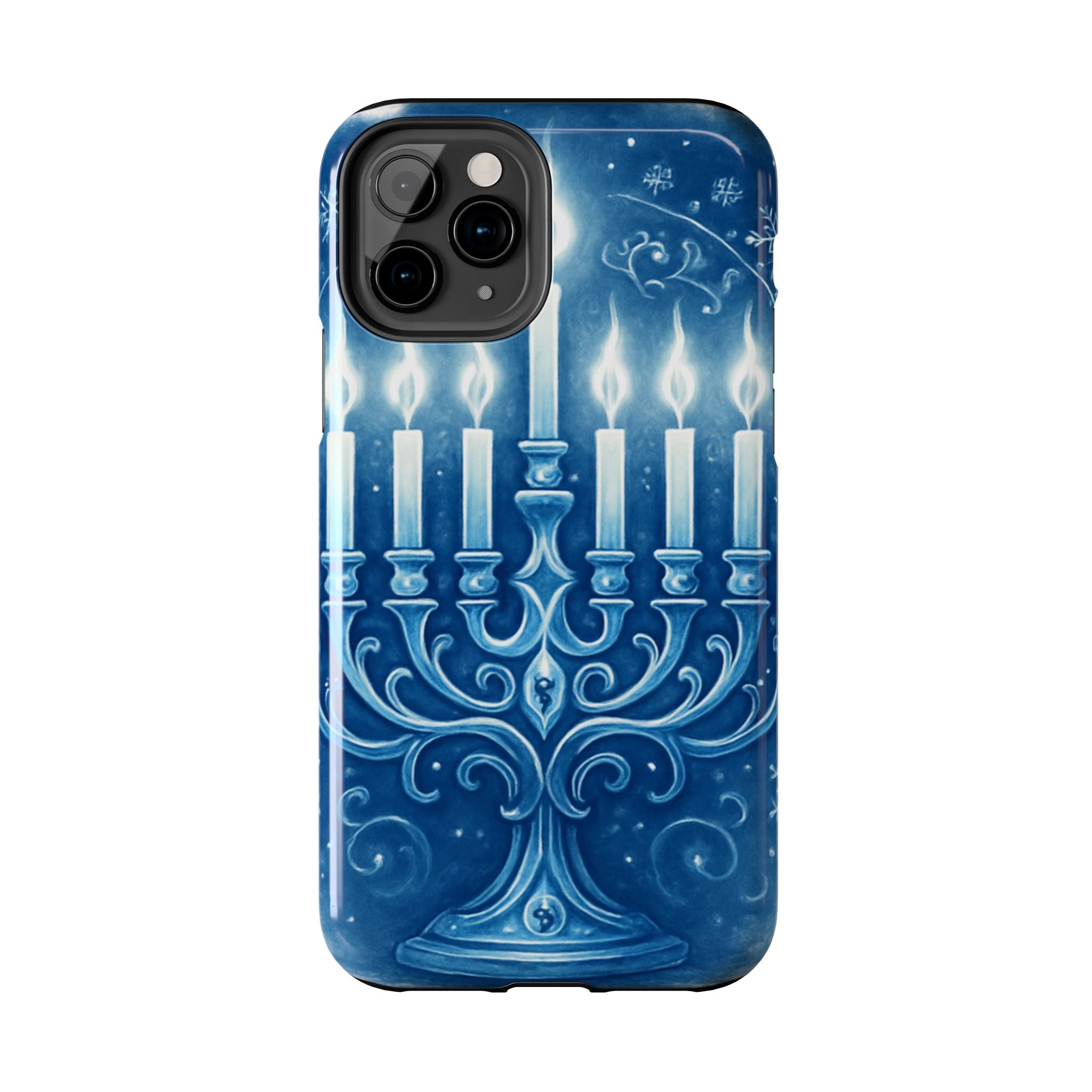 Blue Hanukkah Menorah Tough Phone Case — Holiday Candlelight Protective Cover