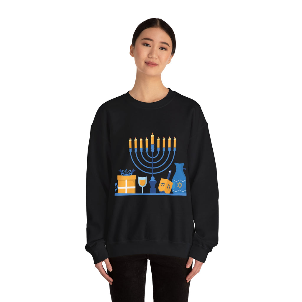 Hanukkah Crewneck Sweatshirt — Menorah, Dreidel & ‘Happy Hanukkah’ Holiday Sweater