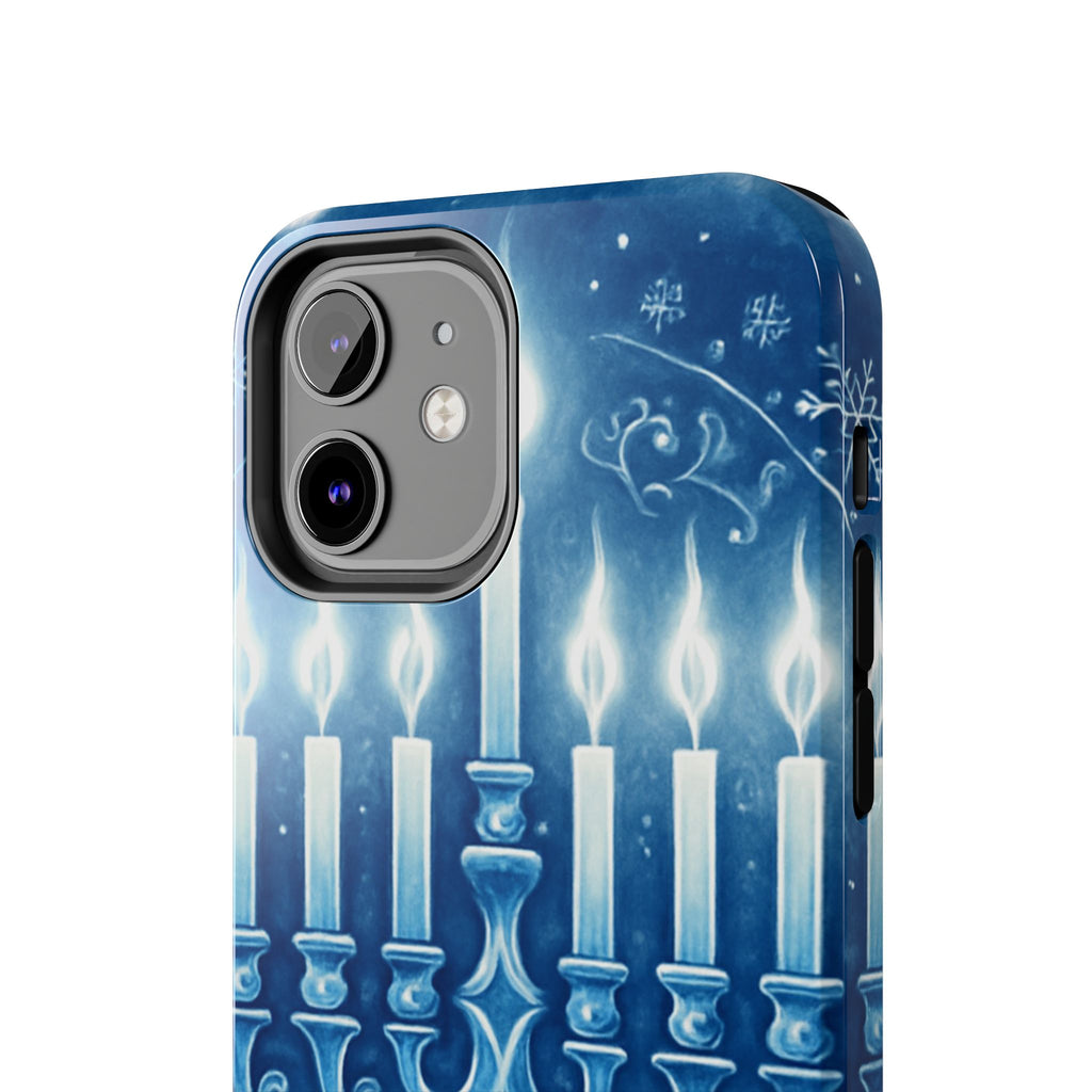 Blue Hanukkah Menorah Tough Phone Case — Holiday Candlelight Protective Cover