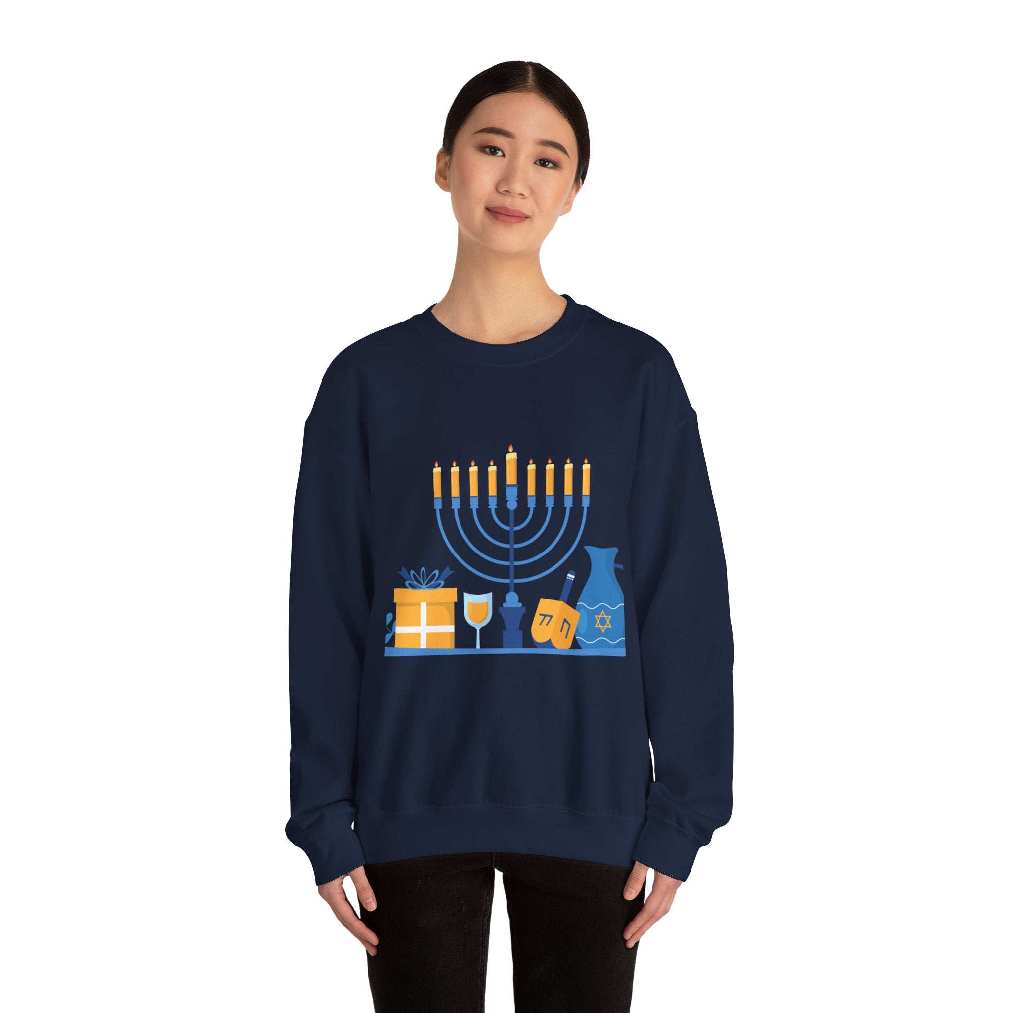 Hanukkah Crewneck Sweatshirt — Menorah, Dreidel & ‘Happy Hanukkah’ Holiday Sweater