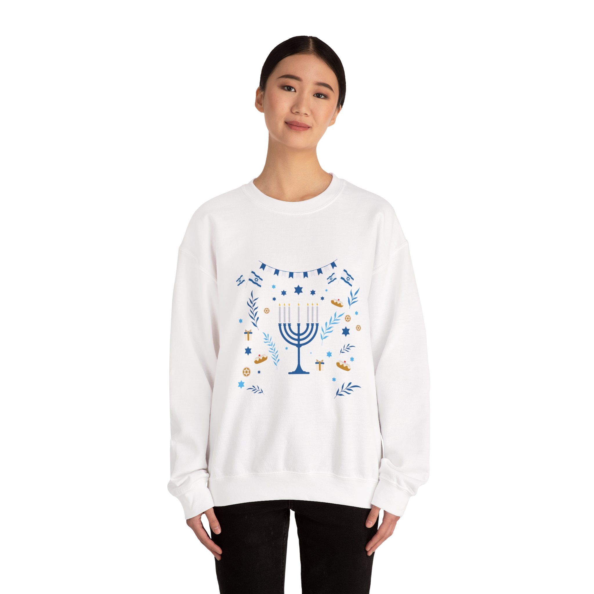 Hanukkah Crewneck Sweatshirt — Menorah & "Happy Hanukkah" Holiday Sweater