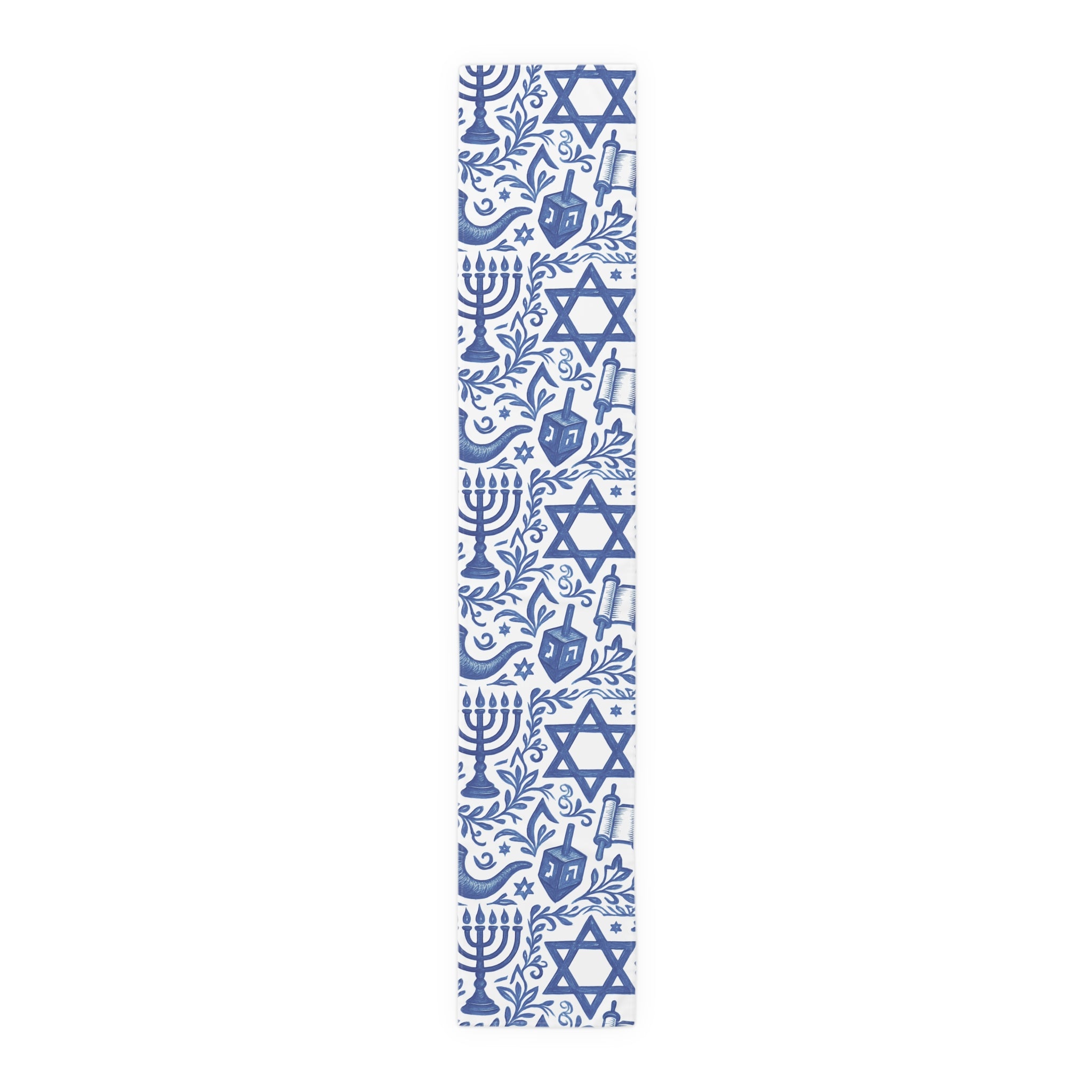 Blue and white decorative mat with Star of David and menorah design on a white background