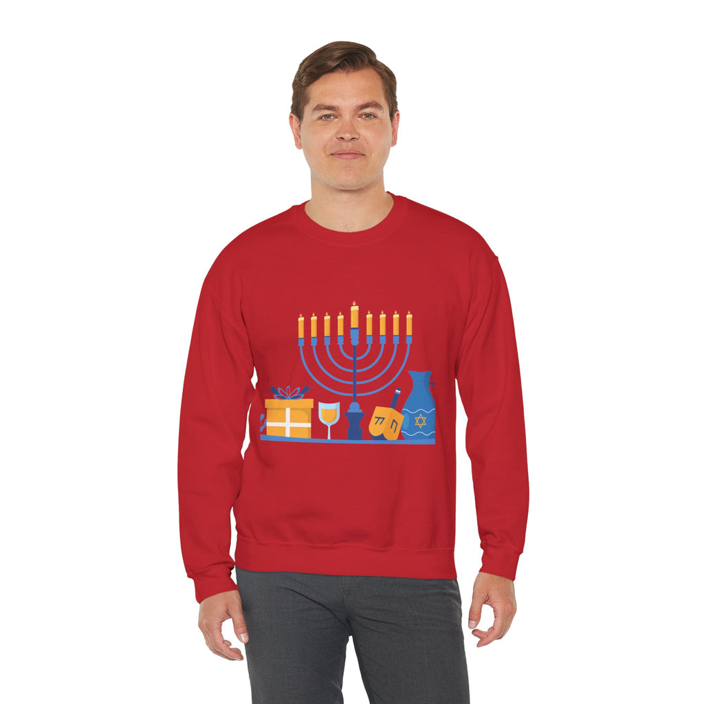 Hanukkah Crewneck Sweatshirt — Menorah, Dreidel & ‘Happy Hanukkah’ Holiday Sweater