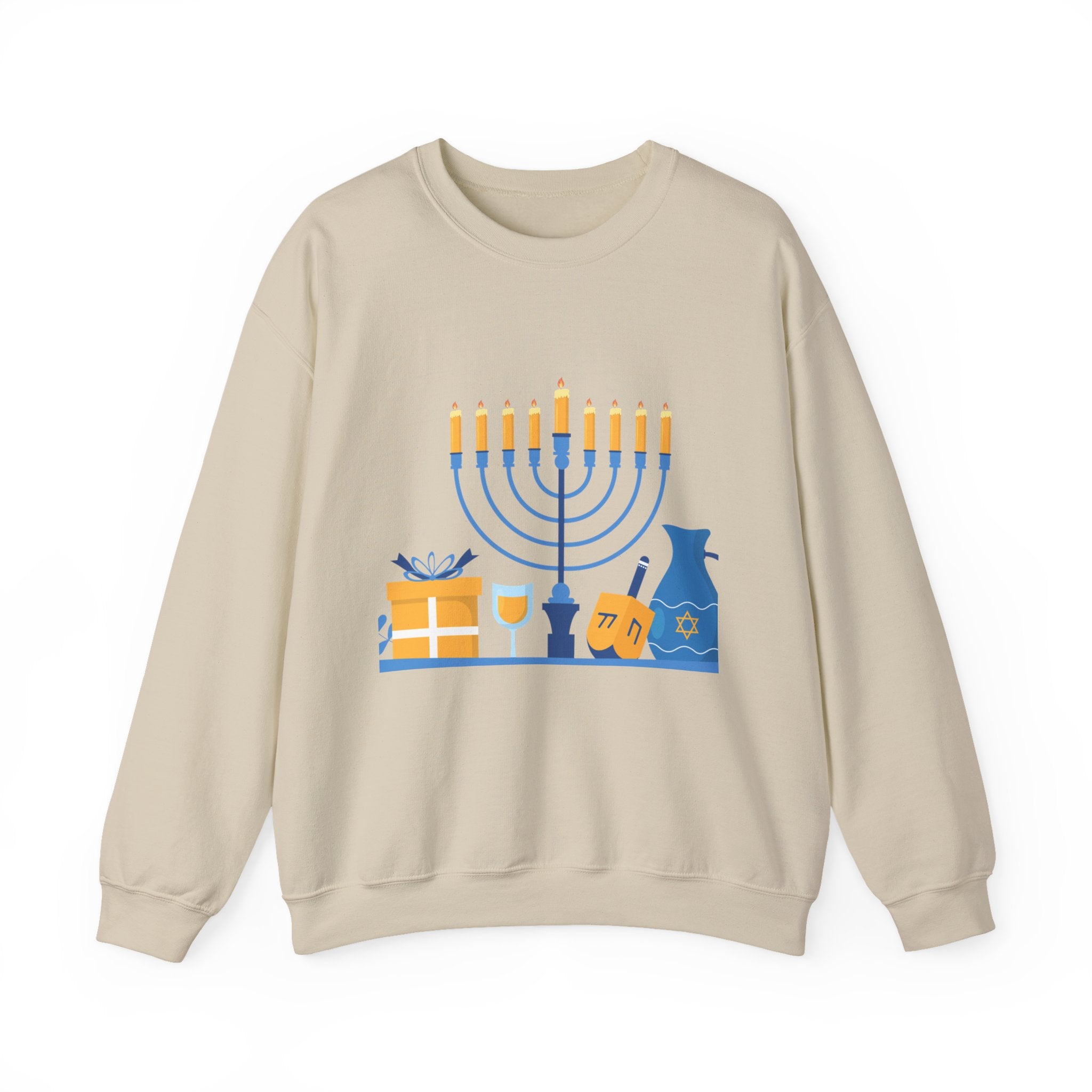 Hanukkah Crewneck Sweatshirt — Menorah, Dreidel & ‘Happy Hanukkah’ Holiday Sweater